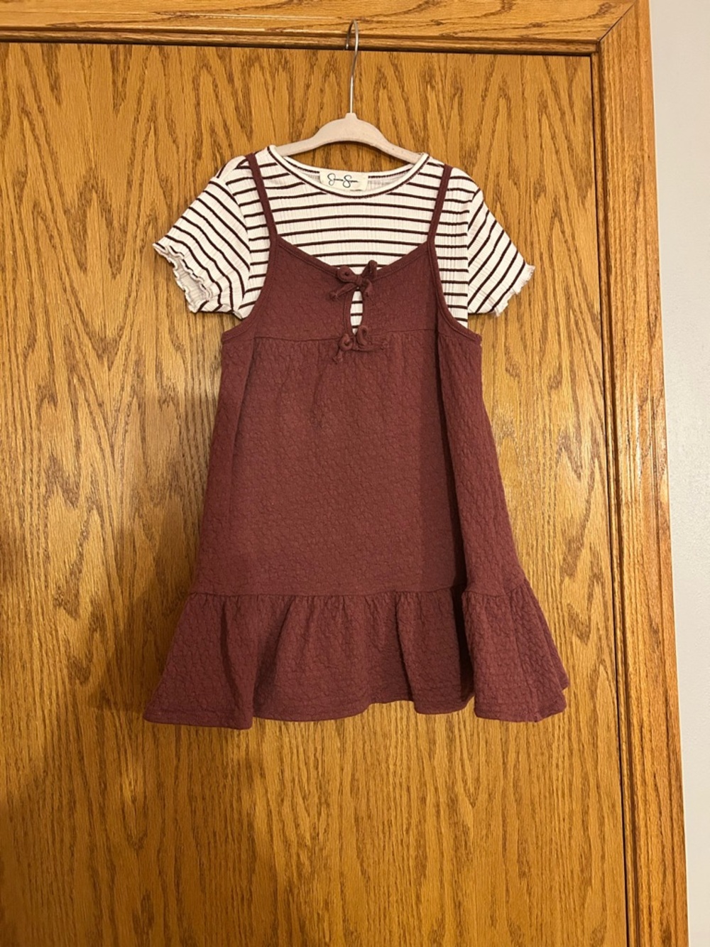 Jessica Simpson Cream & Burgundy Striped Tee with Burgundy Pinafore Dress
